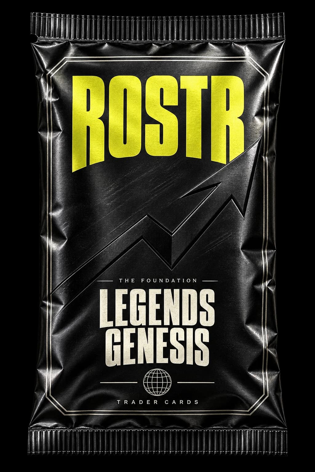 ROSTR — The Foundation, Legends Genesis trader card pack, sealed black foil with yellow lettering